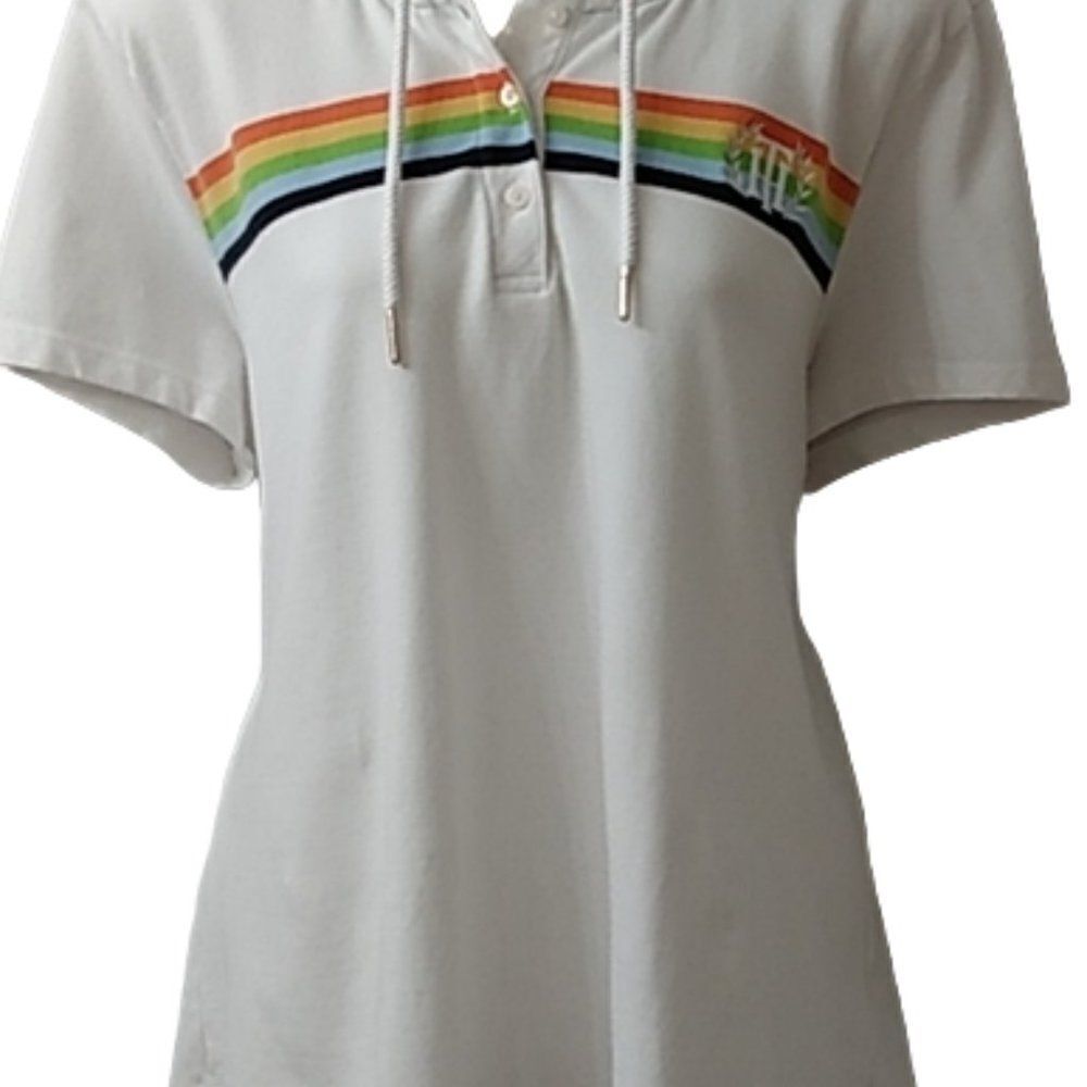 Tommy Hilfiger White with Rainbow Stripe Short Sleeve Hooded T-Shirt Tee Size XL - Picture 3 of 10